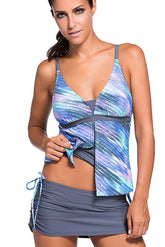 Bluish Print 2 Pieces Tankini Skort Bottom Swimsuit
